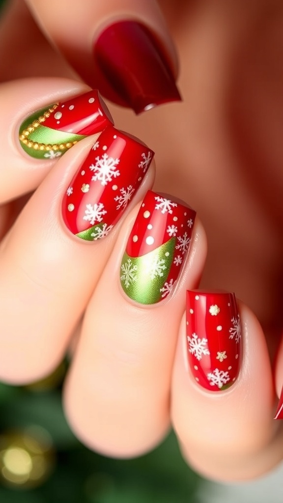 Elegant short Christmas nails with red, green, and gold designs, featuring snowflakes and festive patterns.